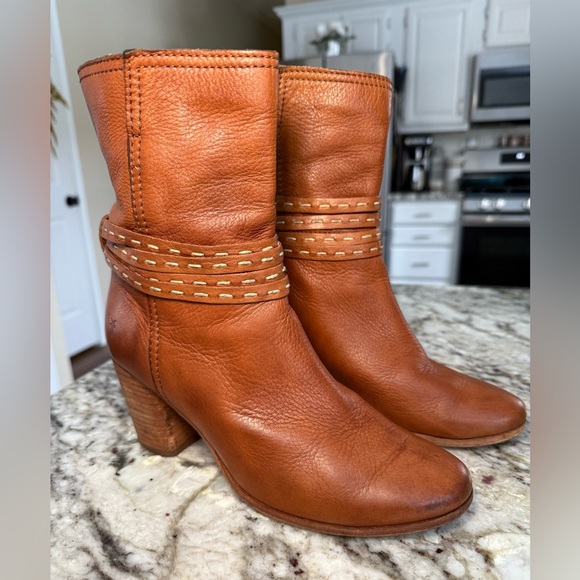 Frye Womens Naomi Pickstitch Mid Boots Leather Whiskey 7 - Picture 1 of 14